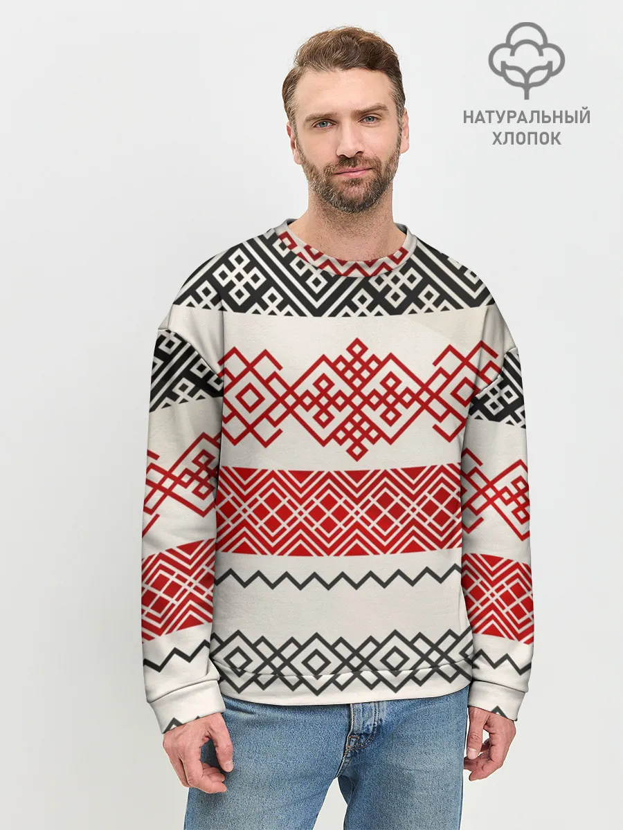 Мужской свитшот базовый / Славянский узор красно-черный