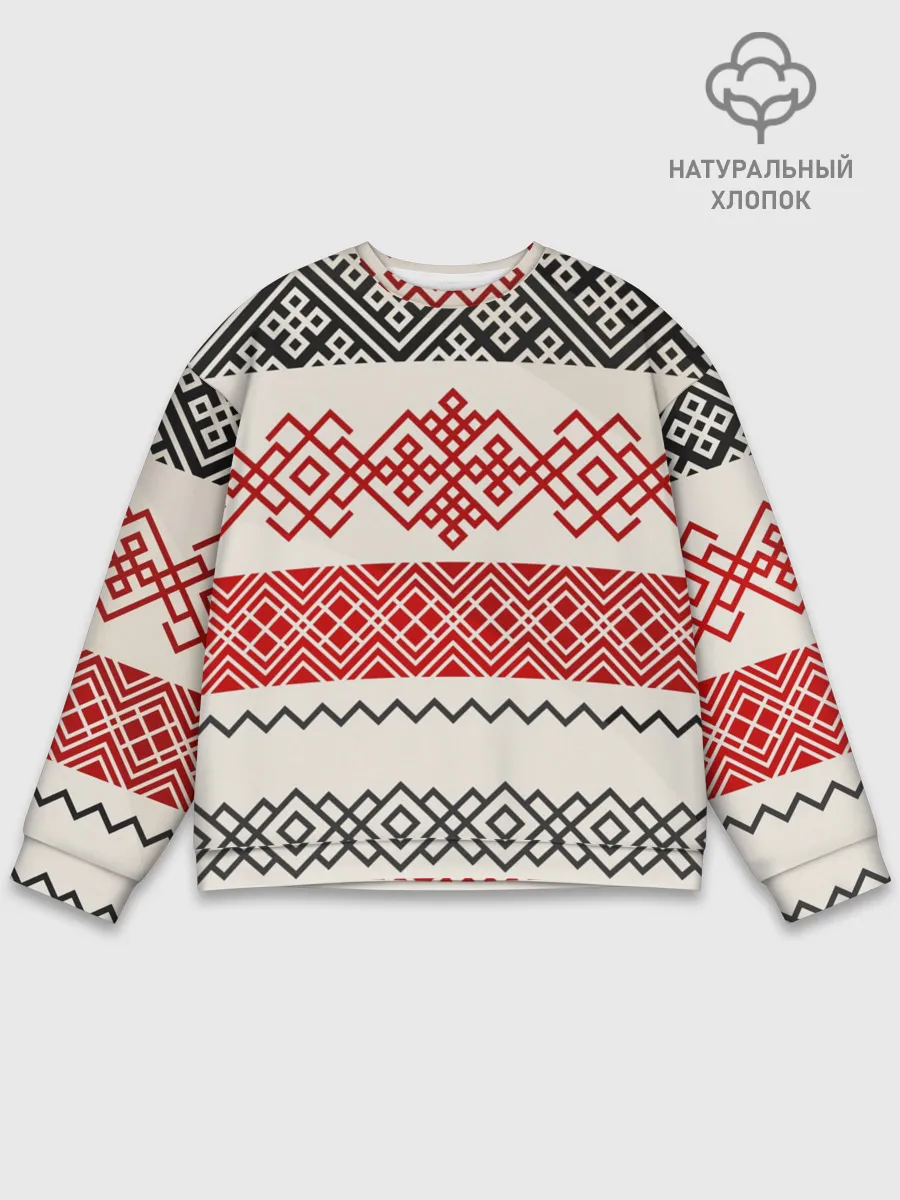 Мужской свитшот базовый / Славянский узор красно-черный