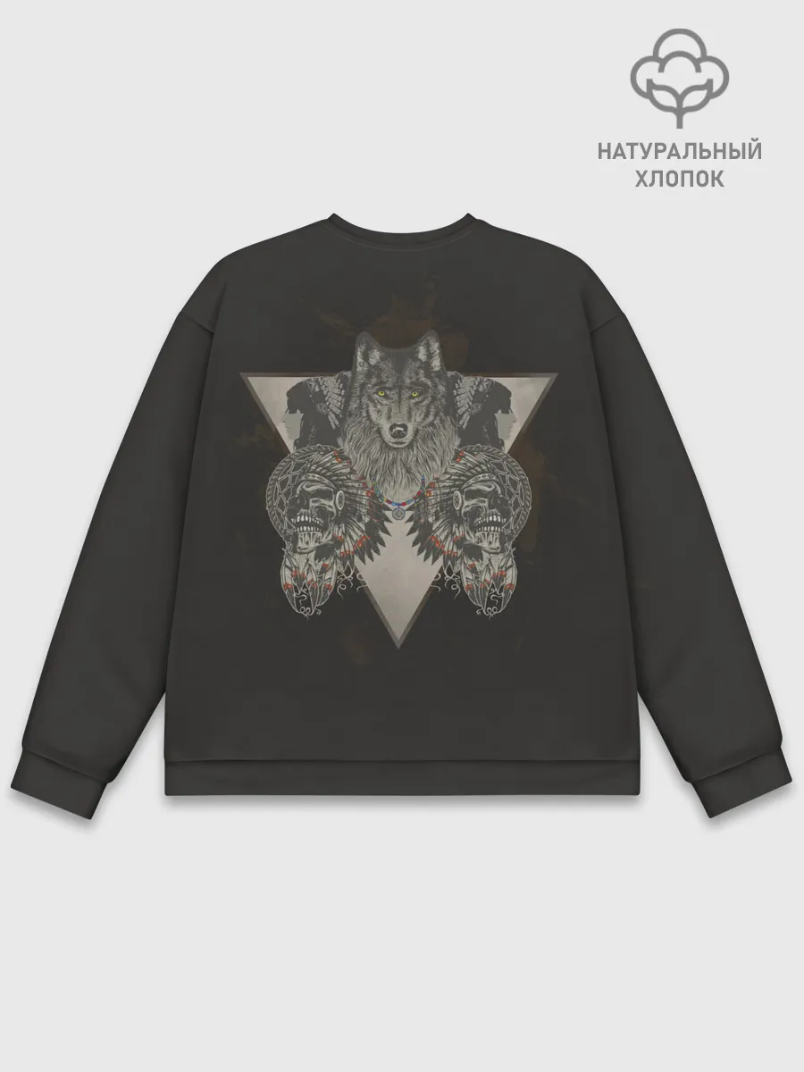 Мужской свитшот базовый / Волк, черепа и индейцы