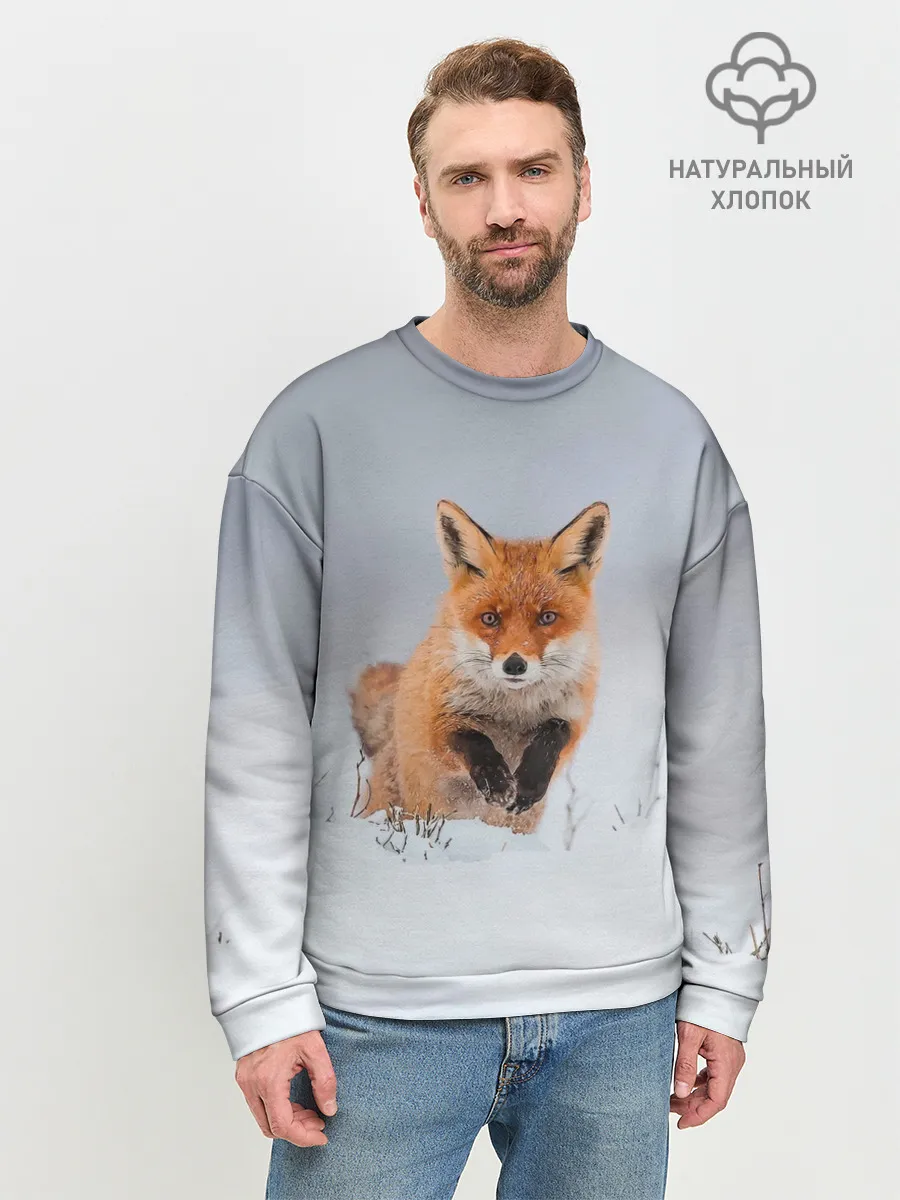 Мужской свитшот базовый / Лисица прыгает по снегу