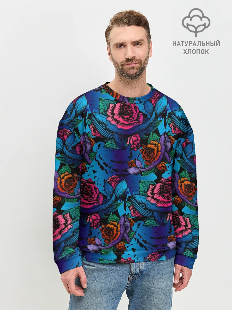 Мужской свитшот базовый / Киты и цветы