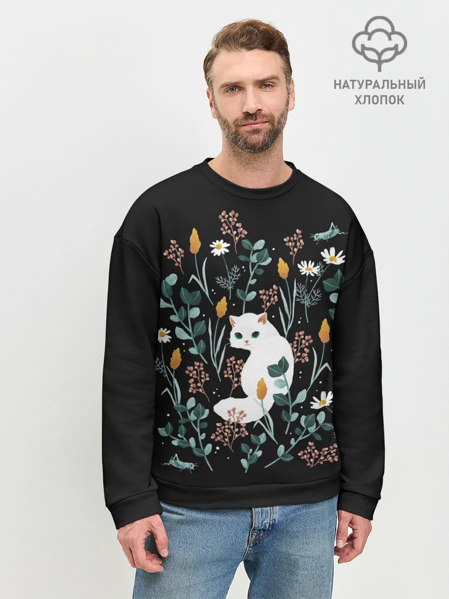 Мужской свитшот базовый / Кошечка среди цветов