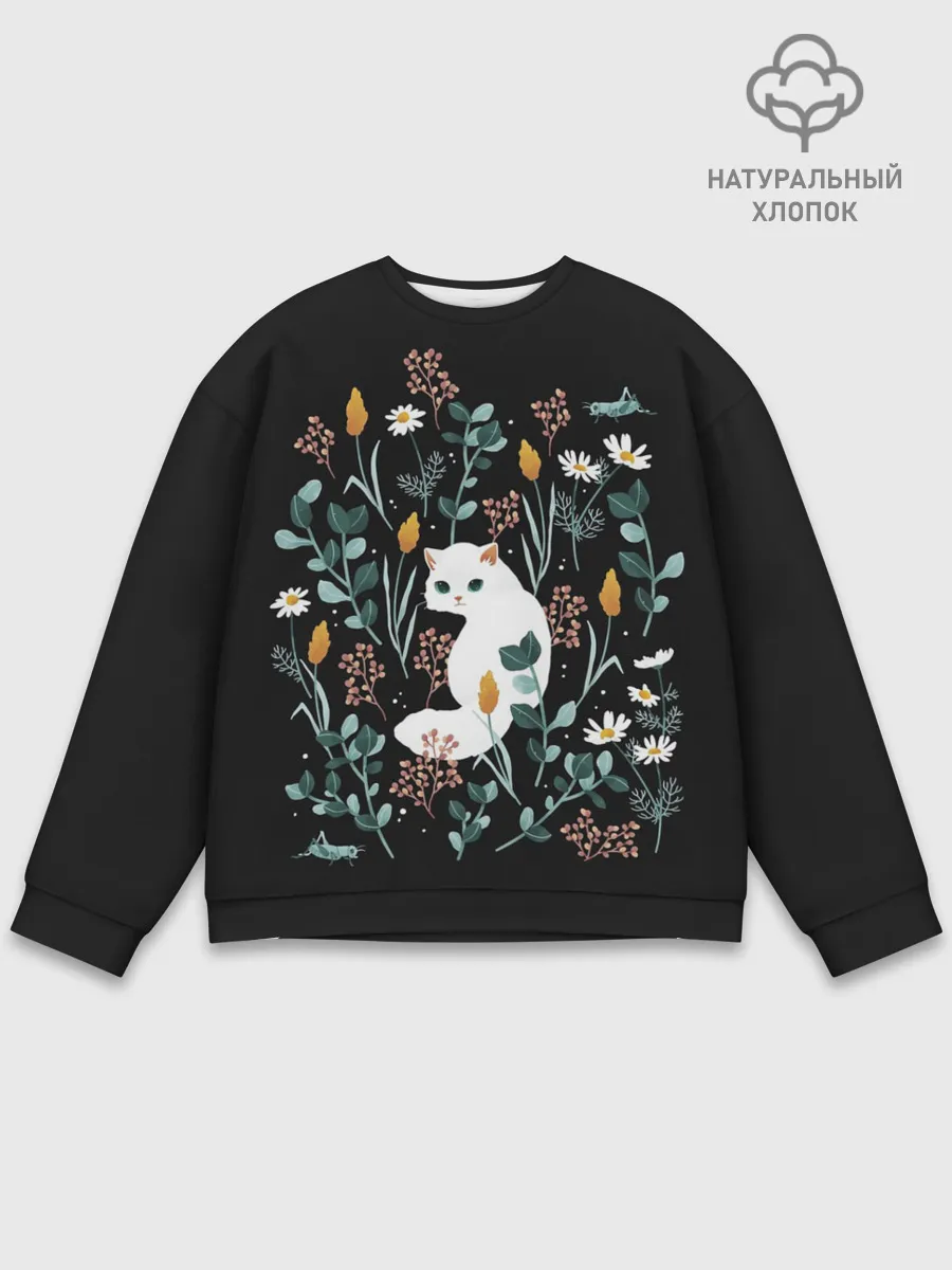 Мужской свитшот базовый / Кошечка среди цветов
