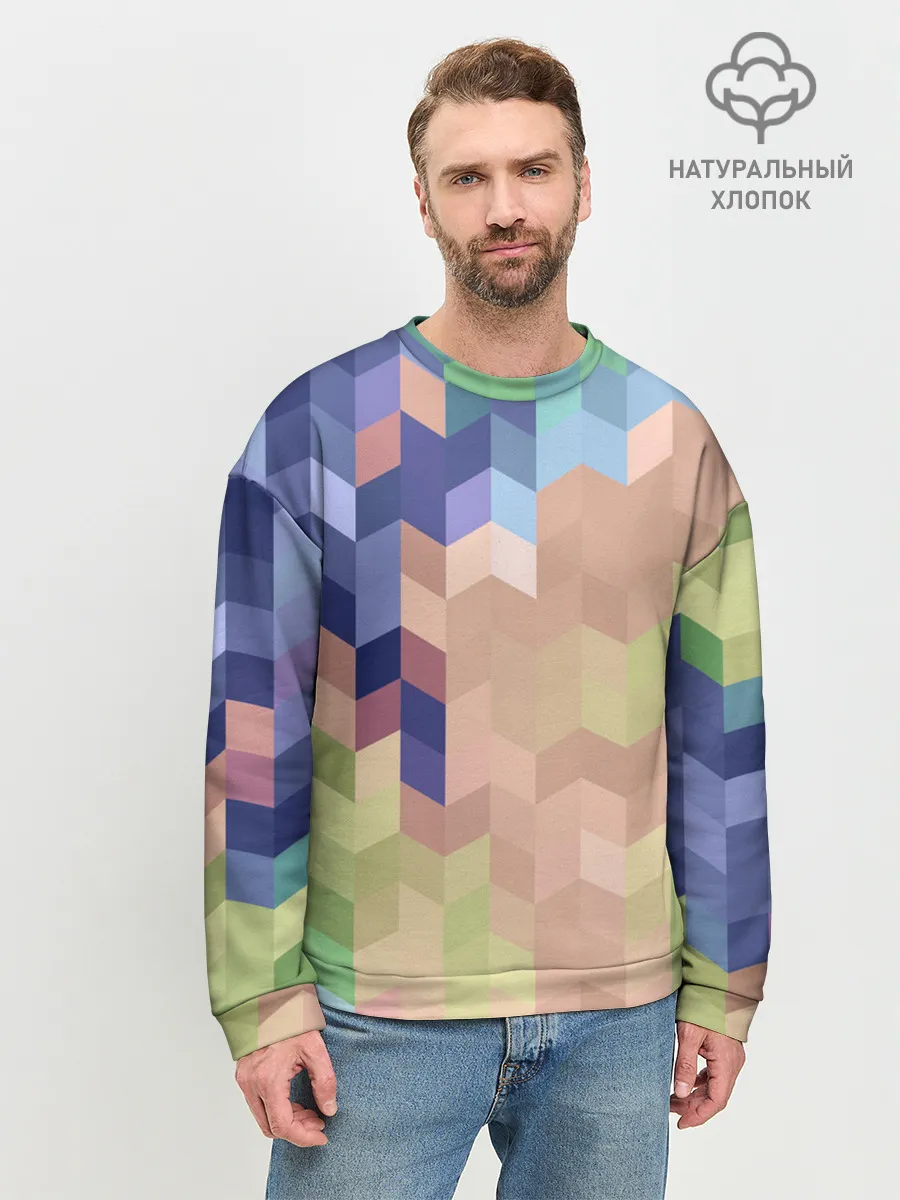 Мужской свитшот базовый / Абстрактный бежево-синий узор