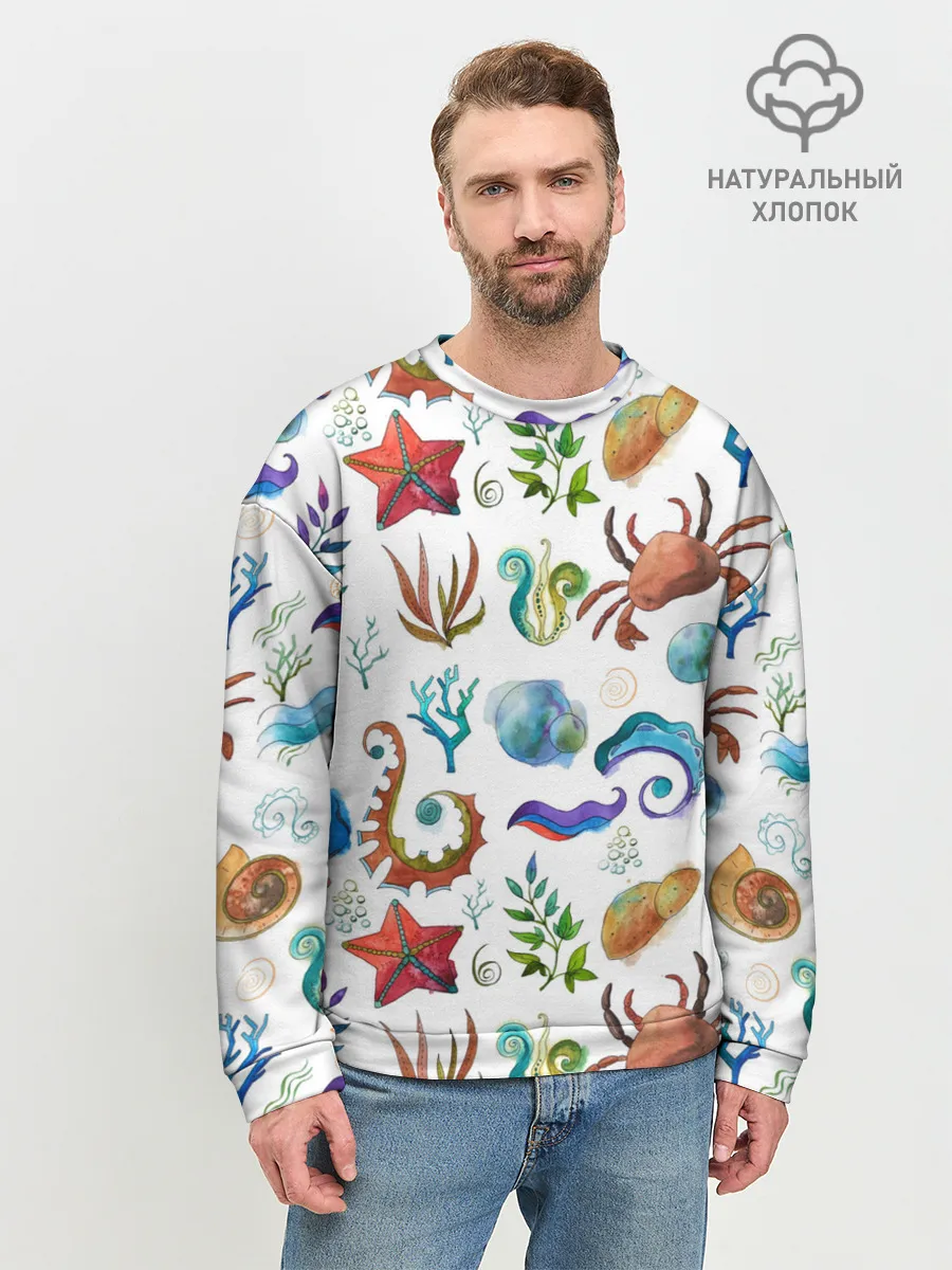 Мужской свитшот базовый / Морской паттерн с крабами и водорослями
