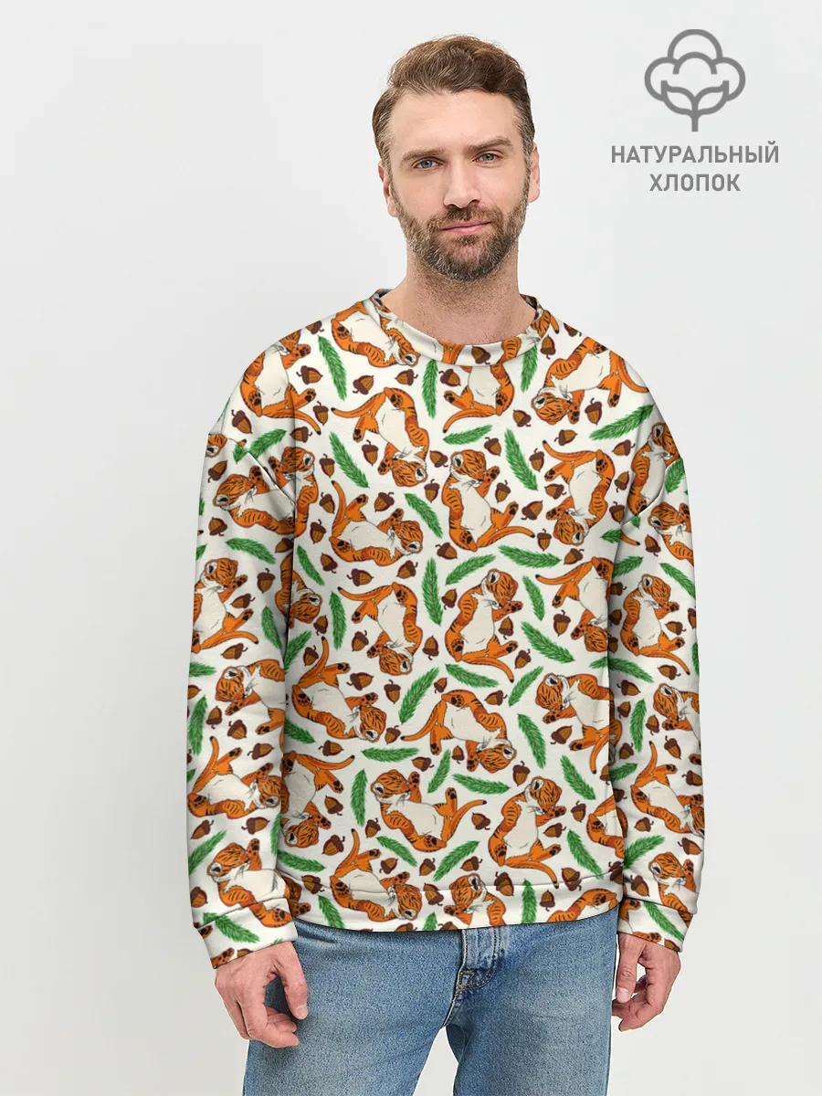 Мужской свитшот базовый / Тигрята, еловые ветки и желуди