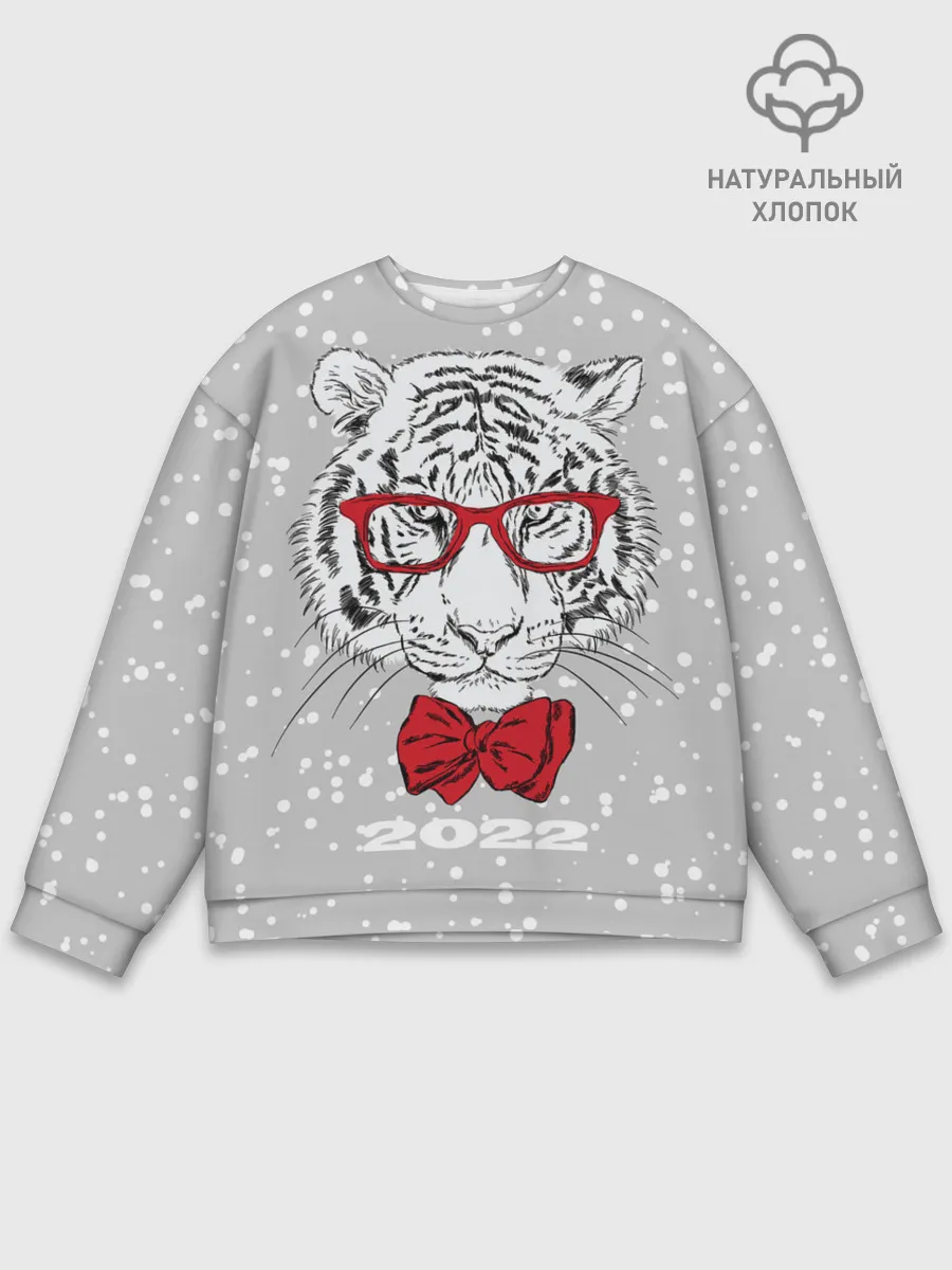 Мужской свитшот базовый / Белый тигр с красным бантом
