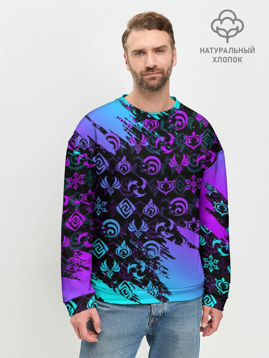 Мужской свитшот базовый / GENSHIN NEON PATTERN SYMBOL / НЕОН ЭМБЛЕМЫ