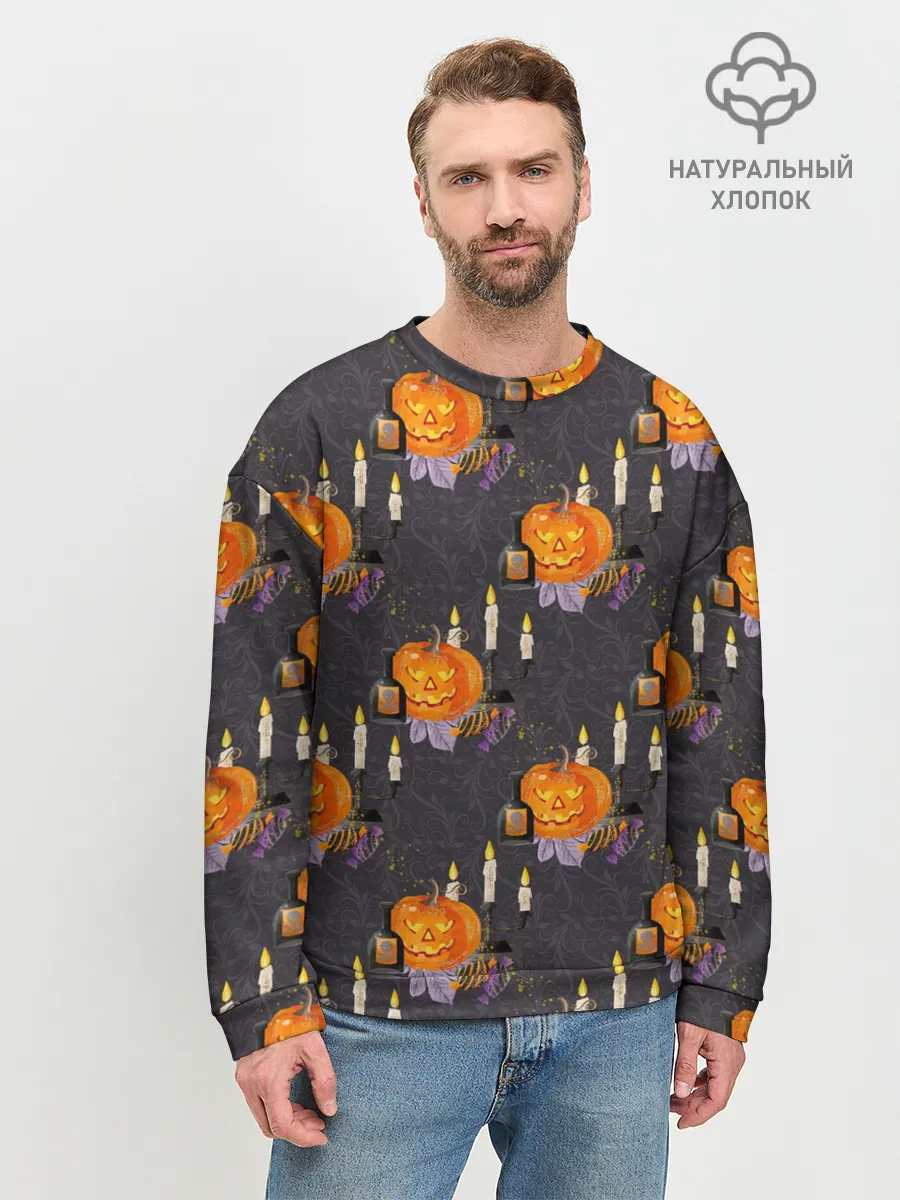 Мужской свитшот базовый / Хэллоуин - тыквы и свечи