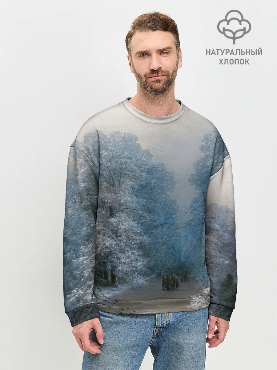 Мужской свитшот базовый / Зимний пейзаж картина маслом