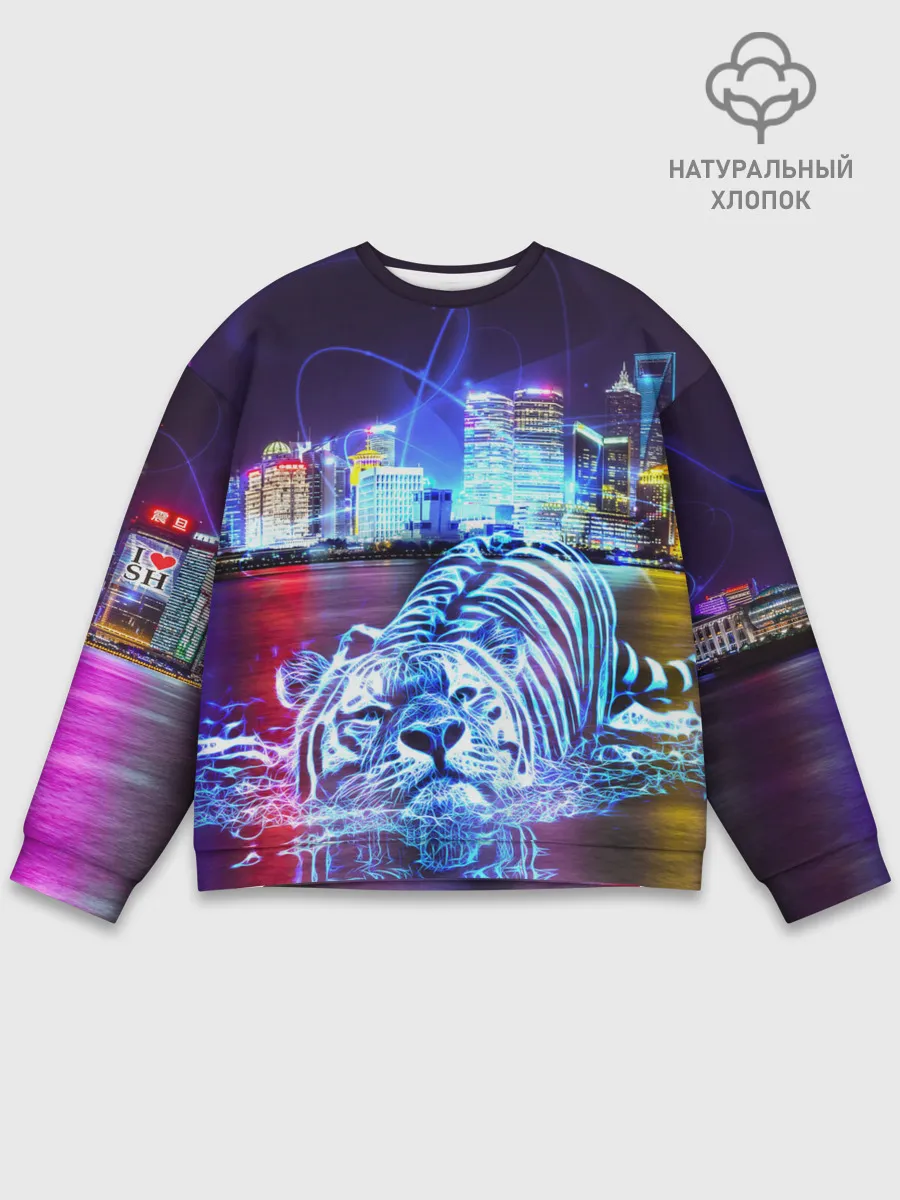 Мужской свитшот базовый / Плывущий неоновый тигр