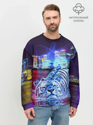 Мужской свитшот базовый / Плывущий неоновый тигр