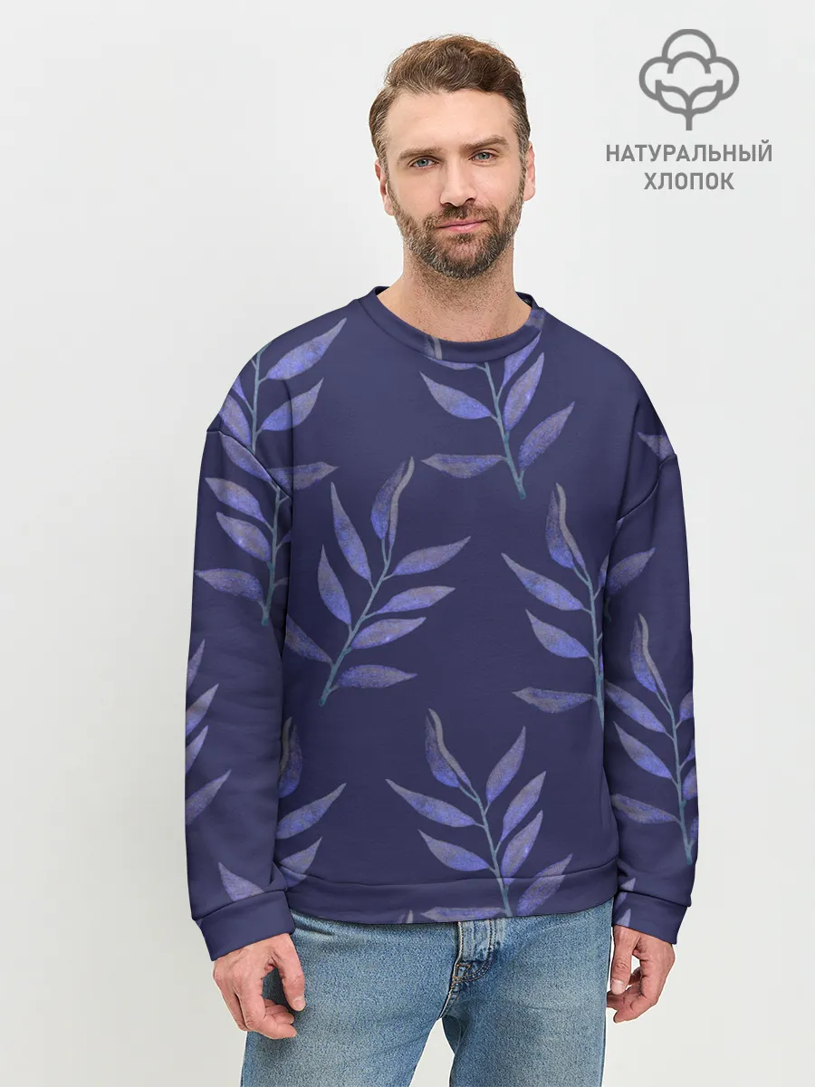 Мужской свитшот базовый / Листья на темно синем фоне