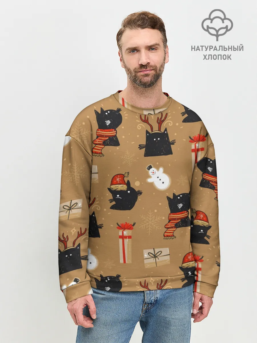 Мужской свитшот базовый / Черные новогодние коты
