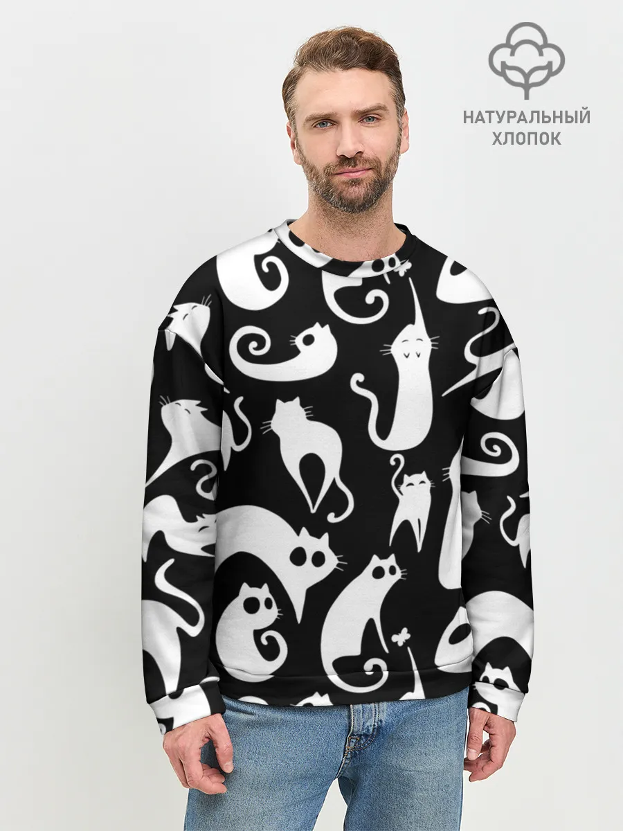 Мужской свитшот базовый / Белые коты на черном фоне