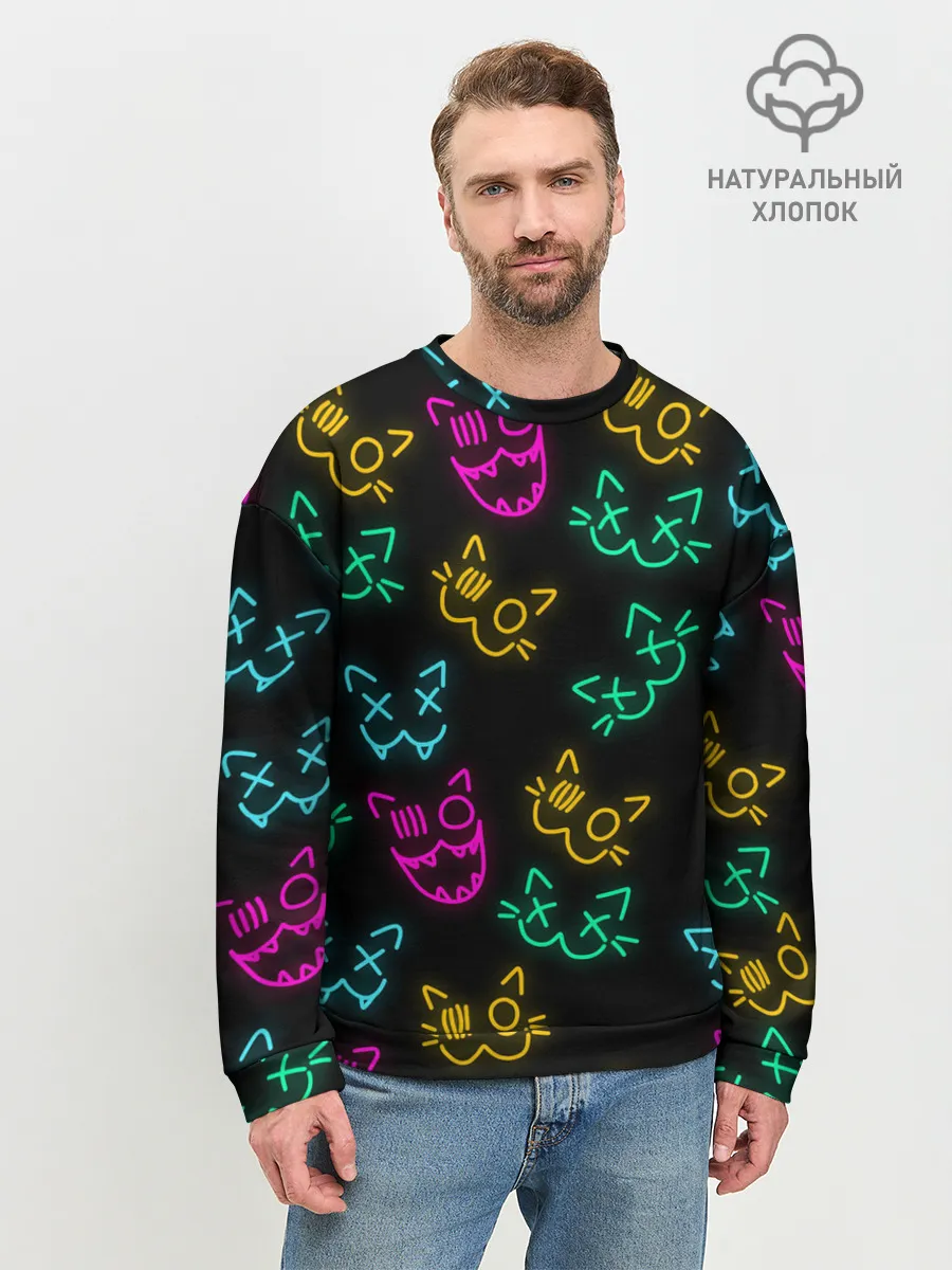 Мужской свитшот базовый / НЕОНОВЫЕ КОТИКИ / NEON FACES CATS