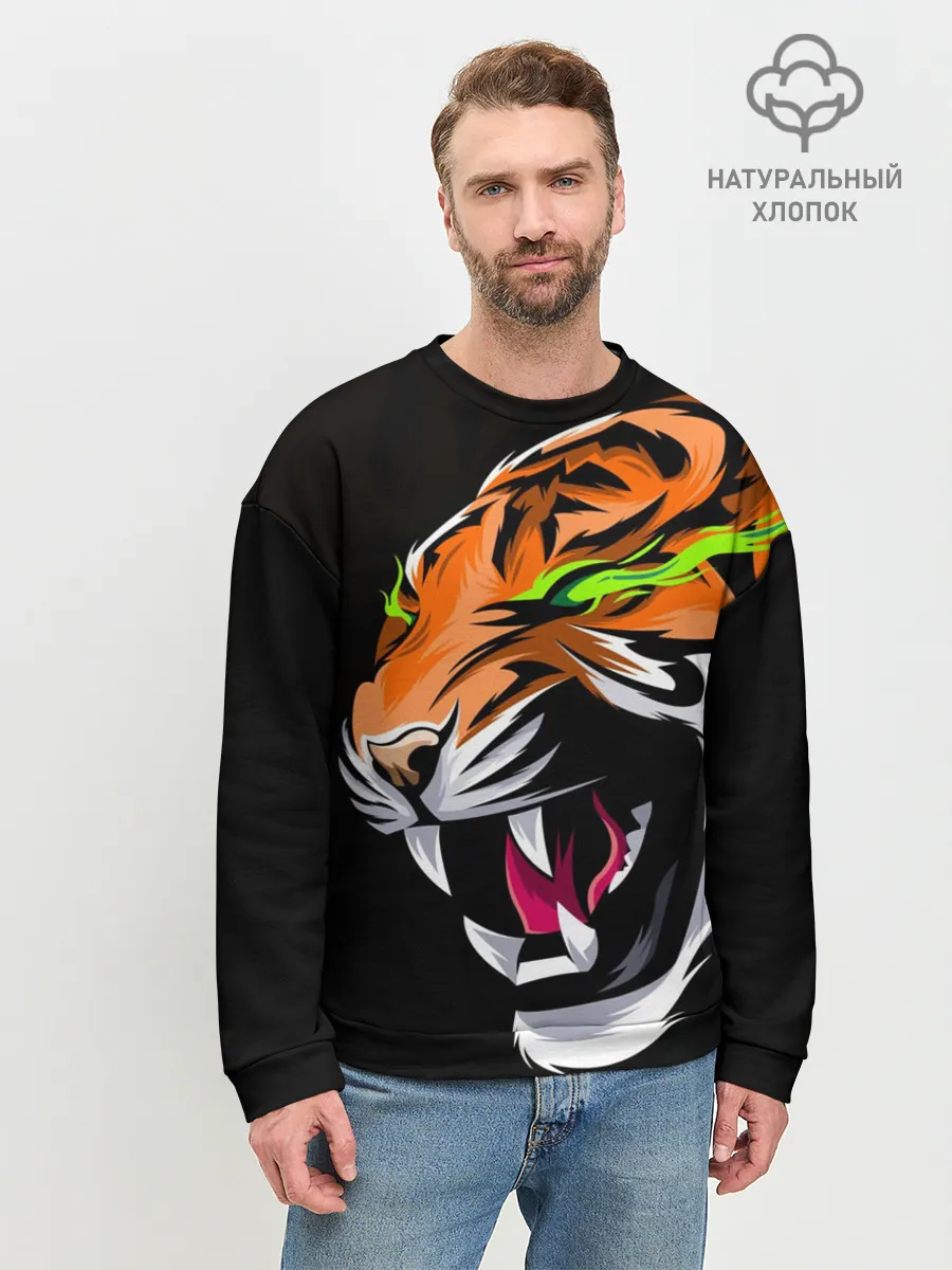 Мужской свитшот базовый / Тигр, с зелеными глазами