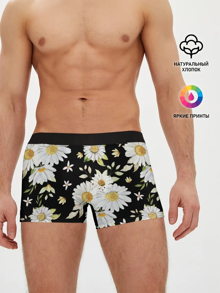 Мужские трусы боксеры / Ромашки на черном фоне