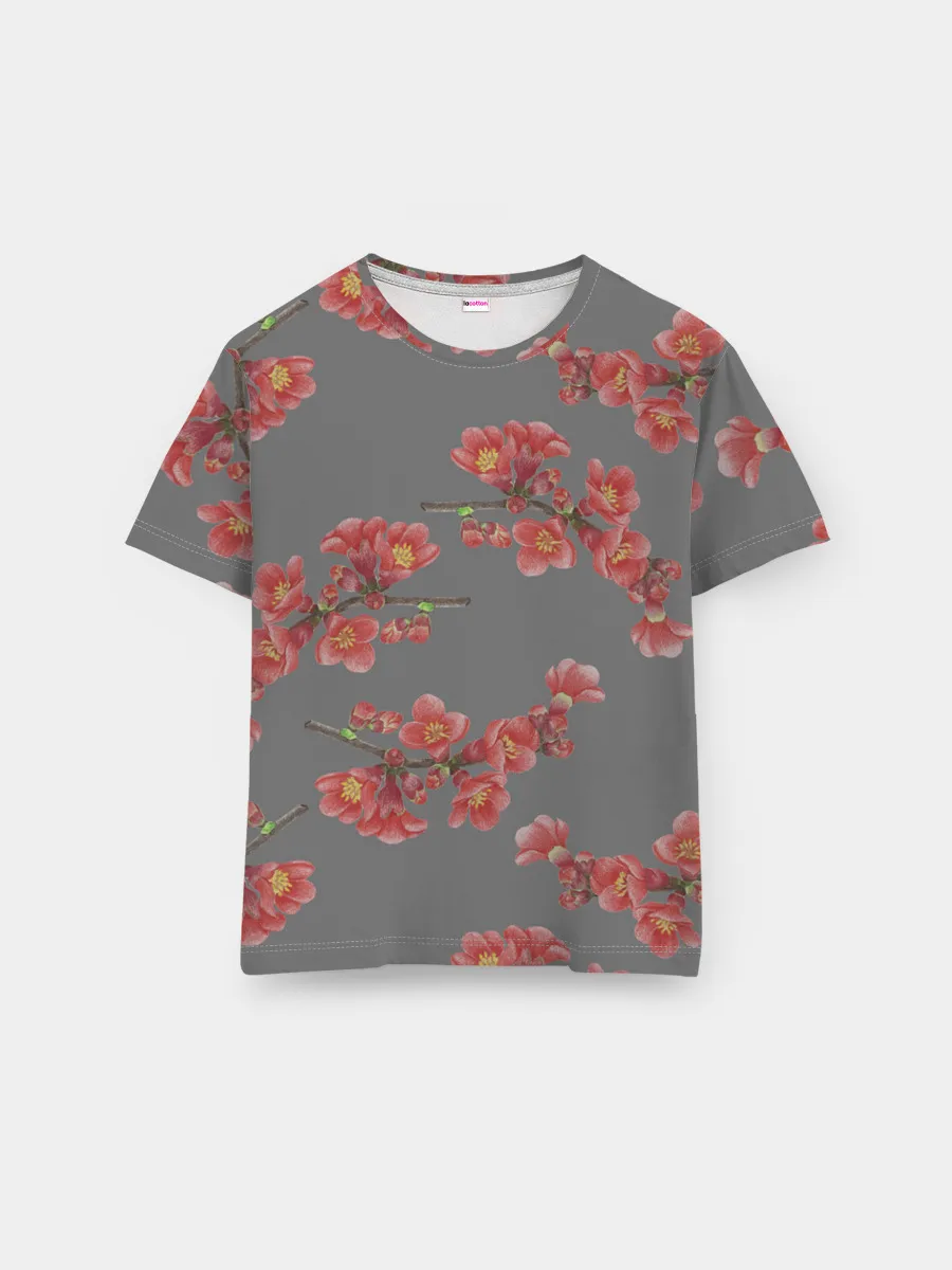 Мужская базовая футболка / Цветы айвы на сером фоне