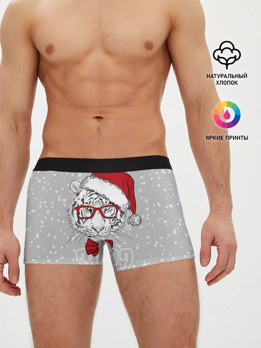 Мужские трусы боксеры / Белый тигр в шапке Санты