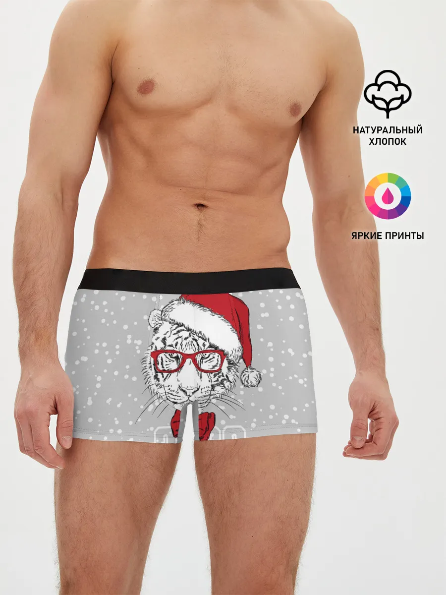 Мужские трусы боксеры / Белый тигр в шапке Санты