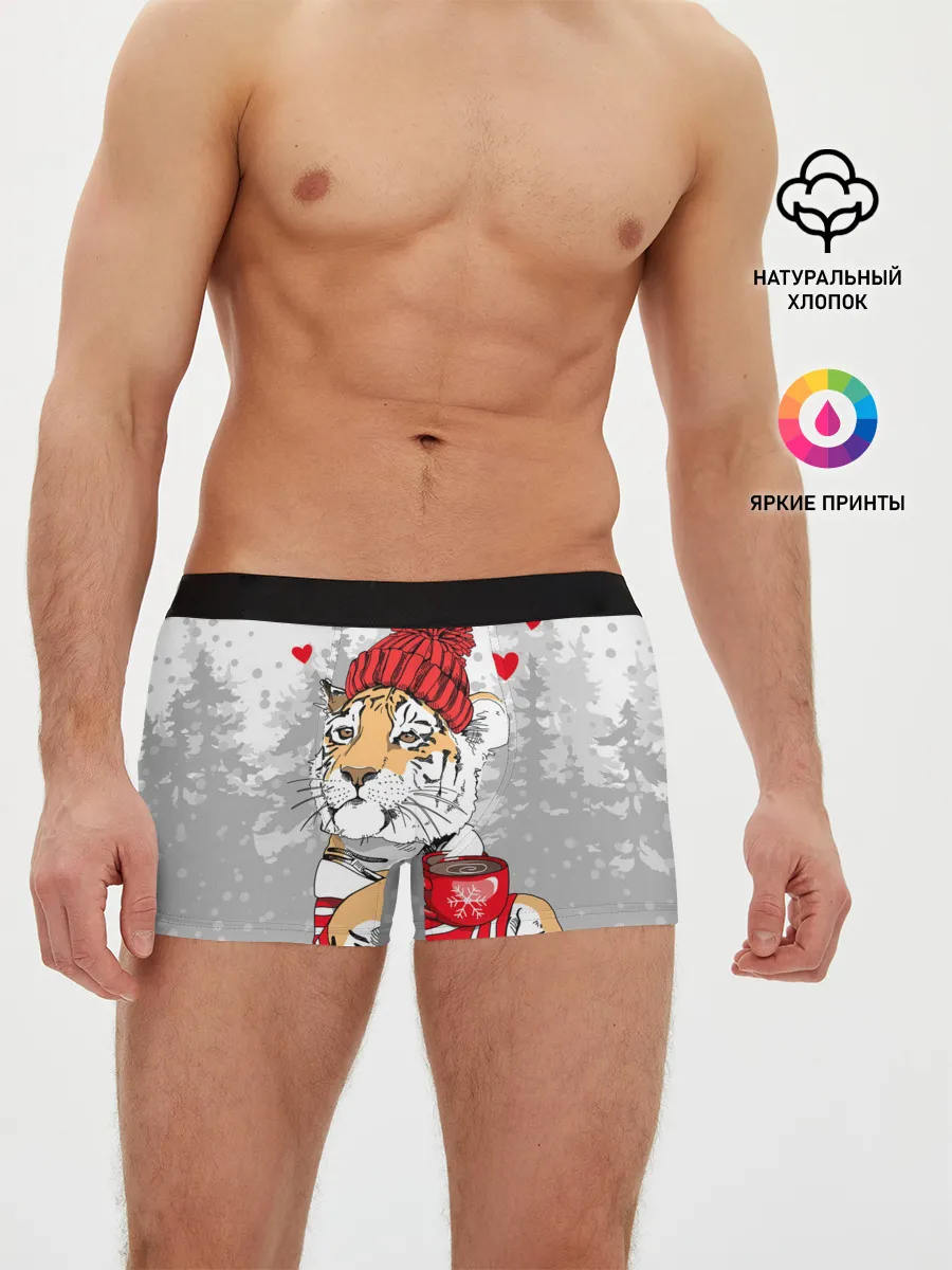 Мужские трусы боксеры / Тигр с чашкой кофе