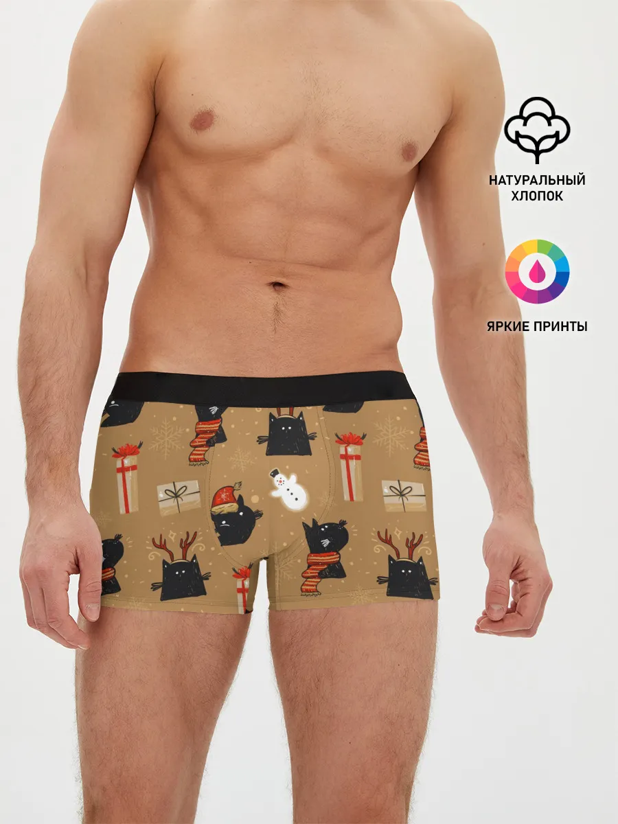 Мужские трусы боксеры / Черные новогодние коты