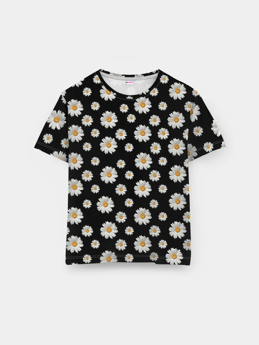 Мужская базовая футболка / Ромашки на чёрном