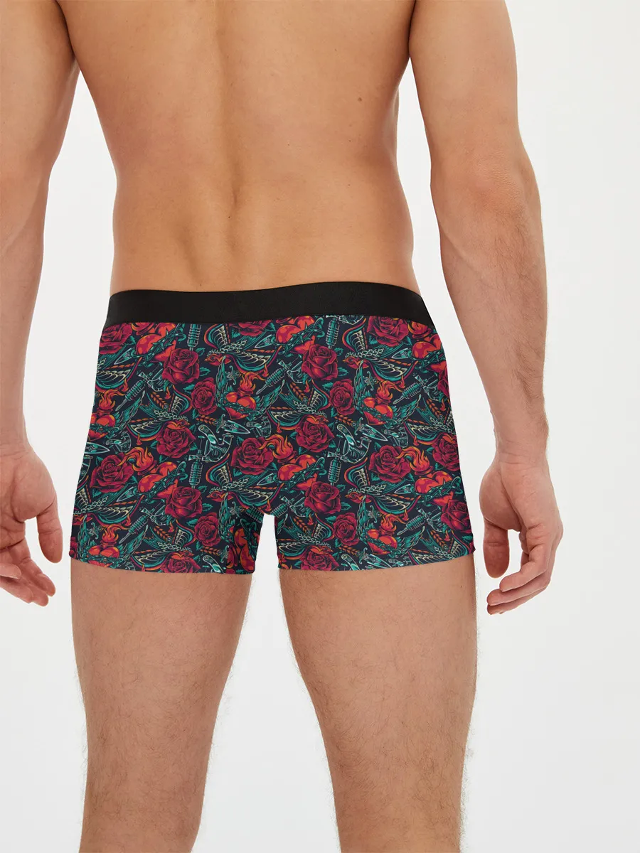 Мужские трусы боксеры / Тату узор розы и машинки