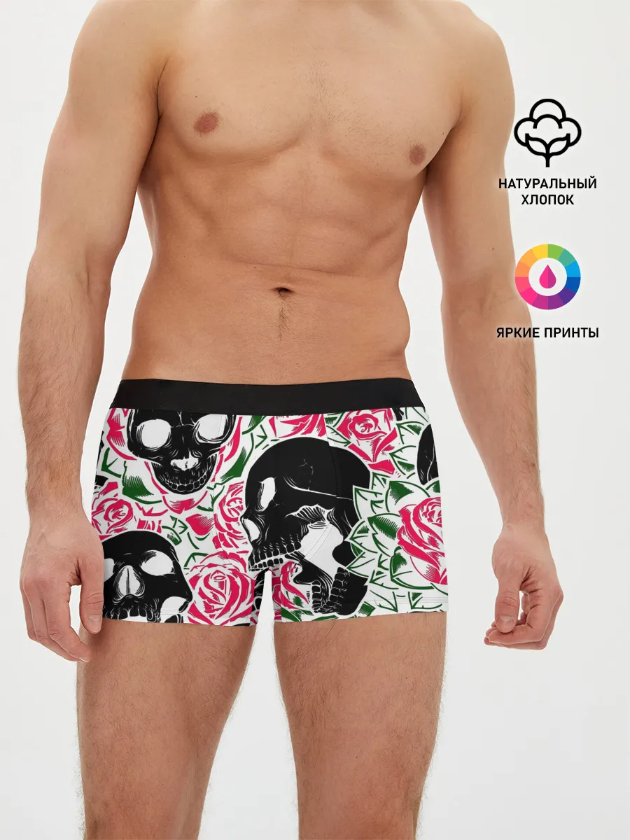 Мужские трусы боксеры / Череп, розы, цветы, зубы