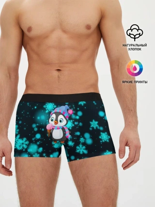 Мужские трусы боксеры / Новогодний пингвин