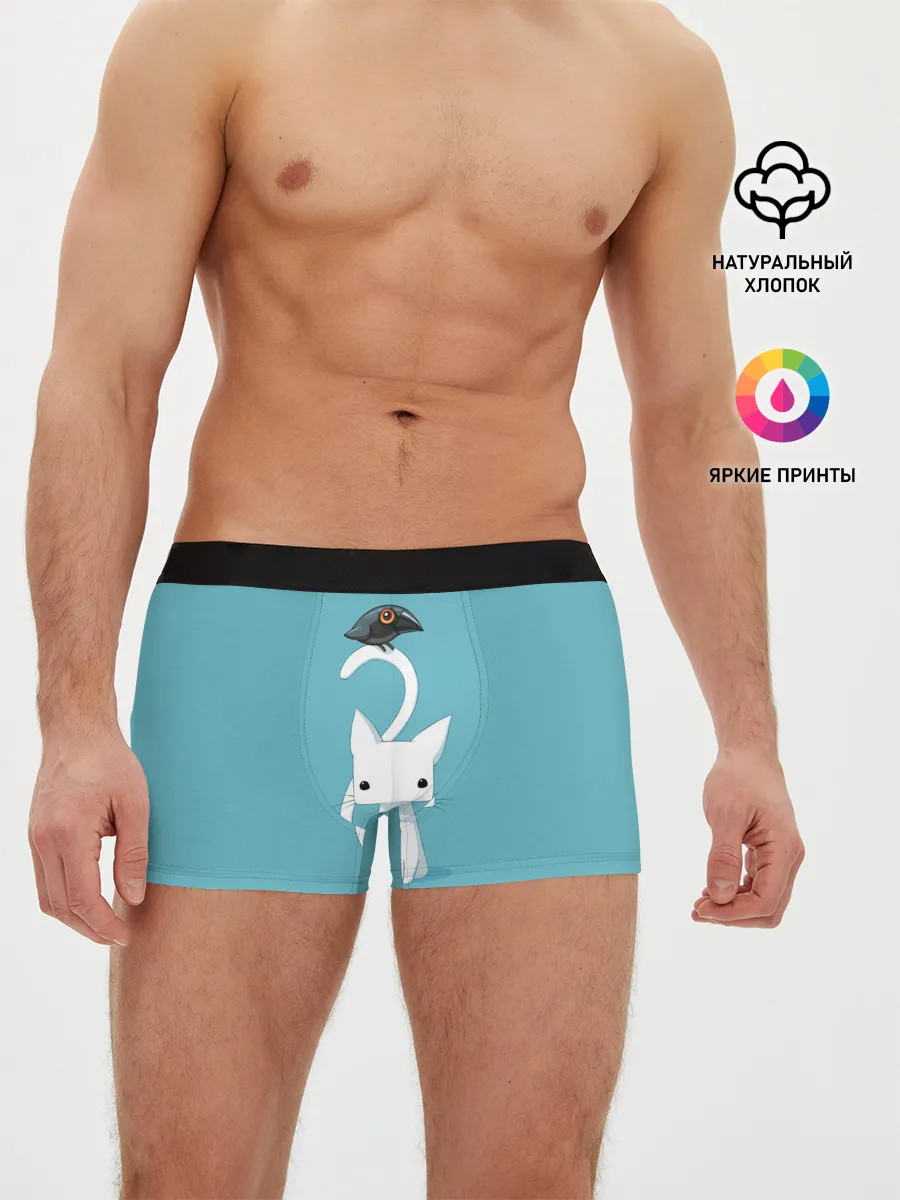 Мужские трусы боксеры / Белый котик и воробушек