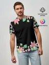 Мужская базовая футболка / Рамка из розовых и зеленых листьев