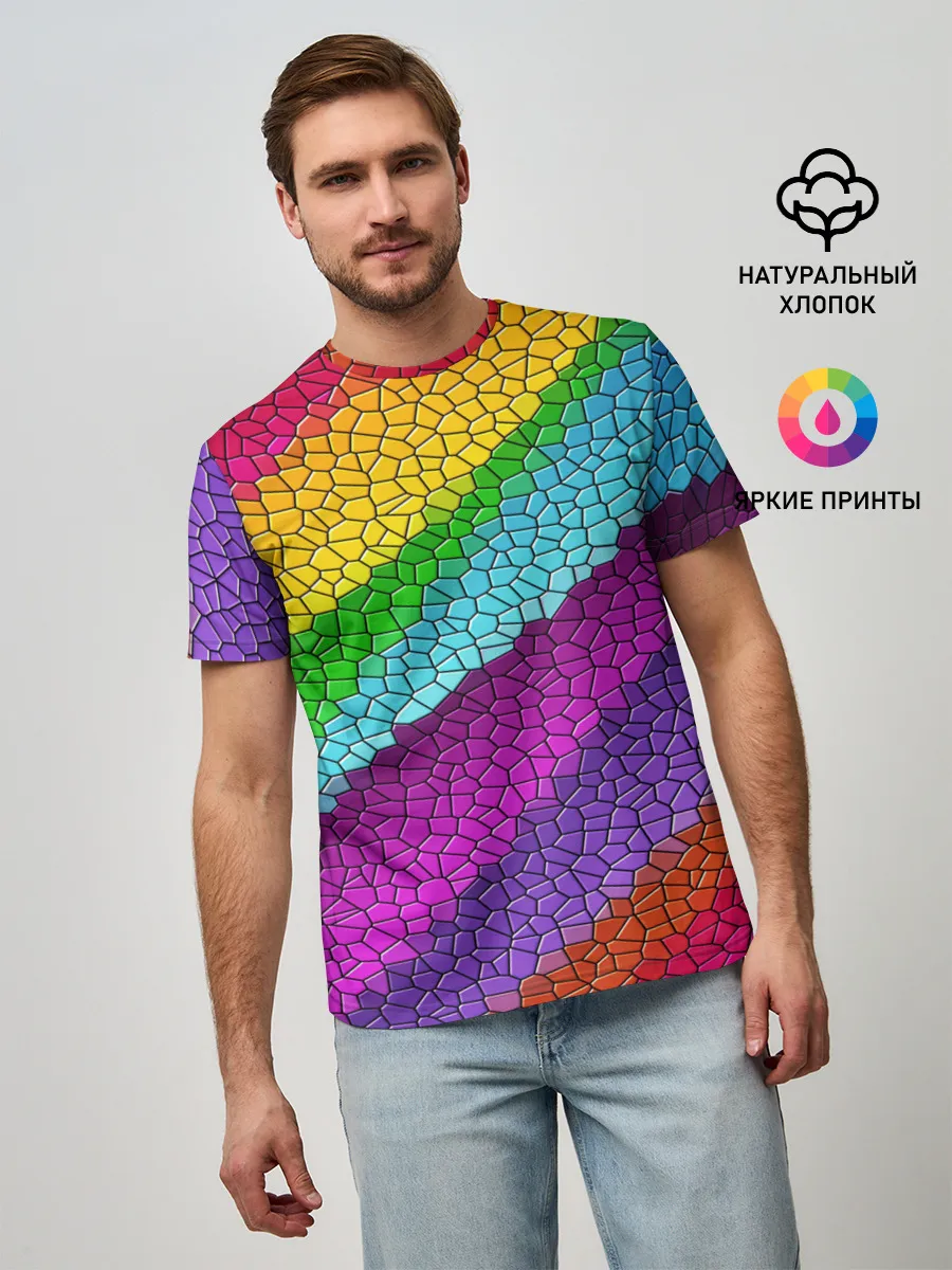 Мужская базовая футболка / Яркая мозаика радуга диагональ