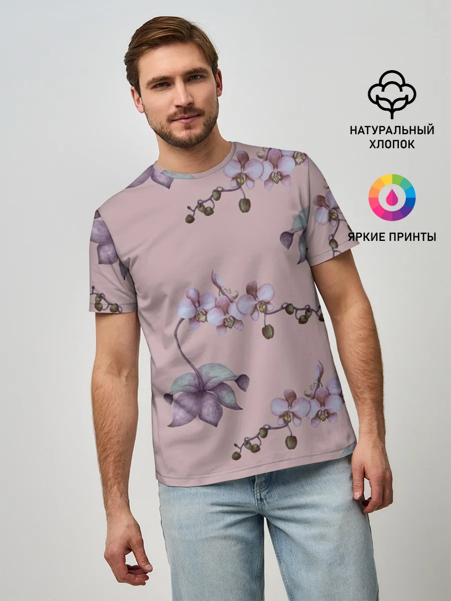 Мужская базовая футболка / Розовые орхидеи на розовом фоне