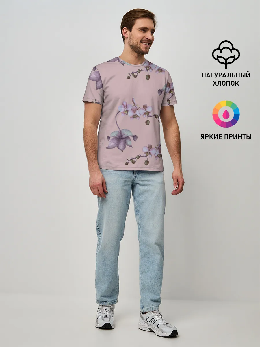 Мужская базовая футболка / Розовые орхидеи на розовом фоне