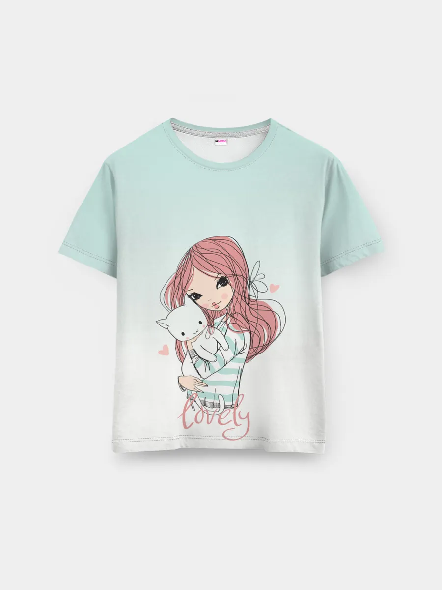 Мужская базовая футболка / Девочка и любимый кот арт