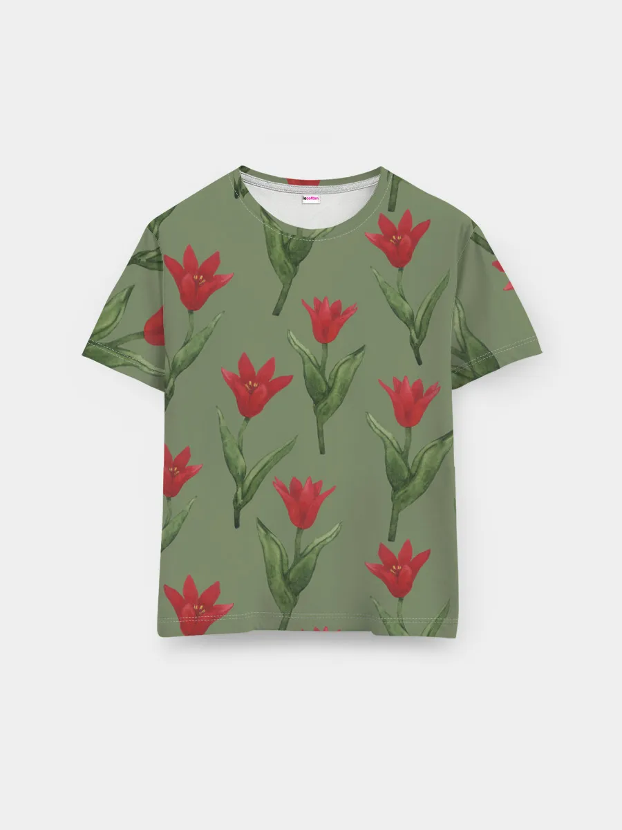 Мужская базовая футболка / Красные тюльпаны на зеленом