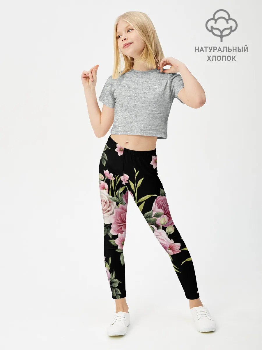 Леггинсы для девочки / Пионы на Чёрном