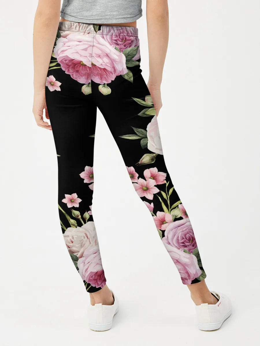 Леггинсы для девочки / Пионы на Чёрном