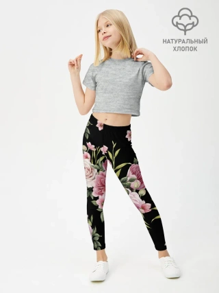 Леггинсы для девочки / Пионы на Чёрном