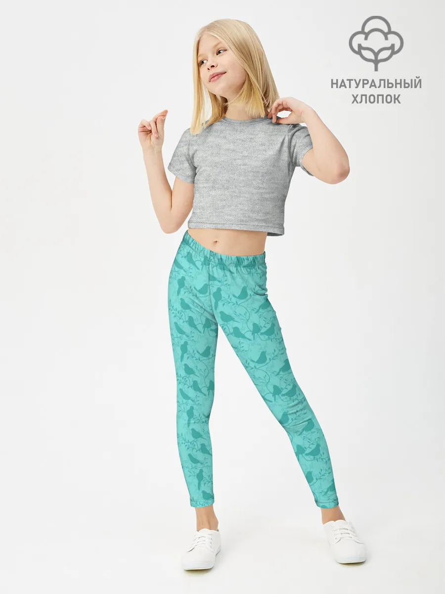 Леггинсы для девочки / Зеленые птицы летний узор