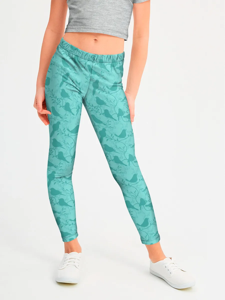 Леггинсы для девочки / Зеленые птицы летний узор