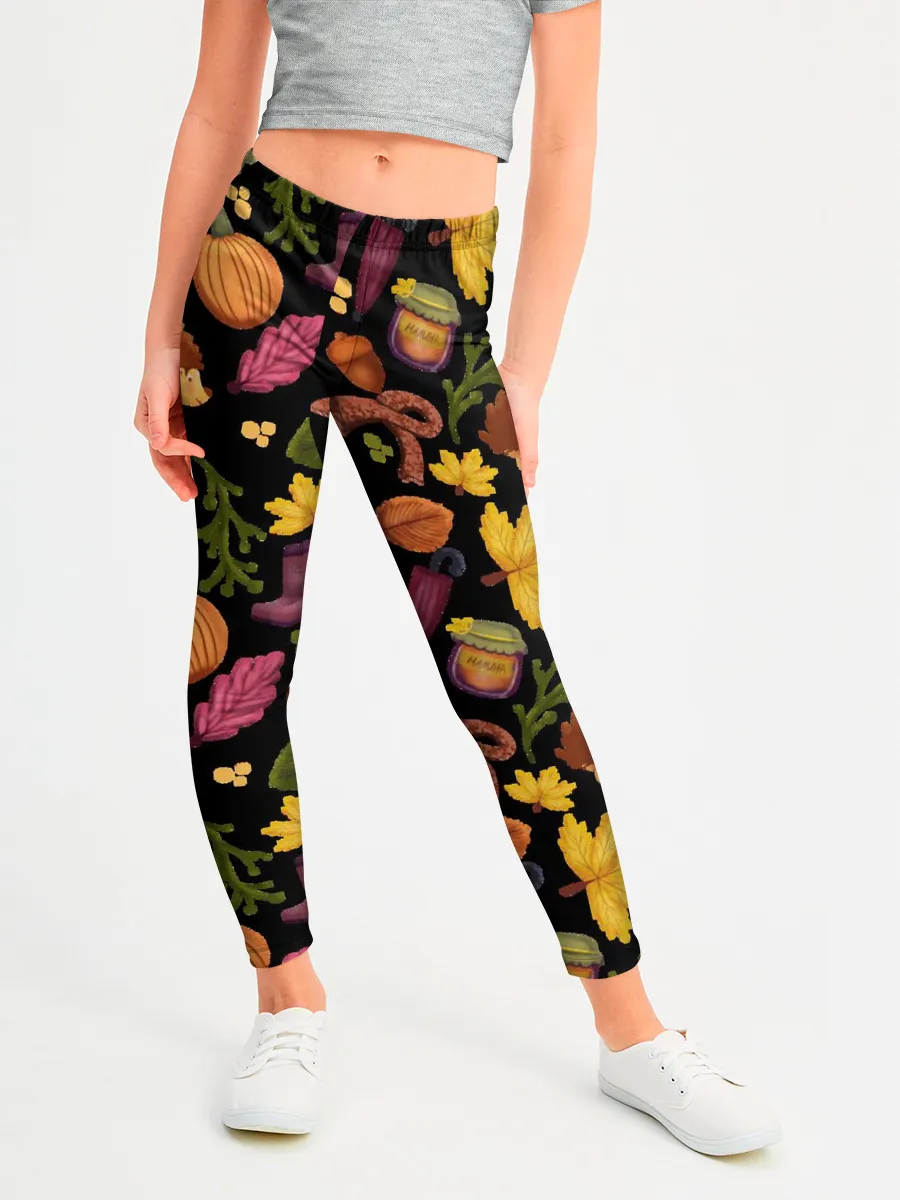 Леггинсы для девочки / Уют, ежи, листья и банка варенья
