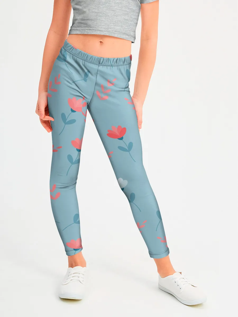Леггинсы для девочки / Цветочки и листики на голубом