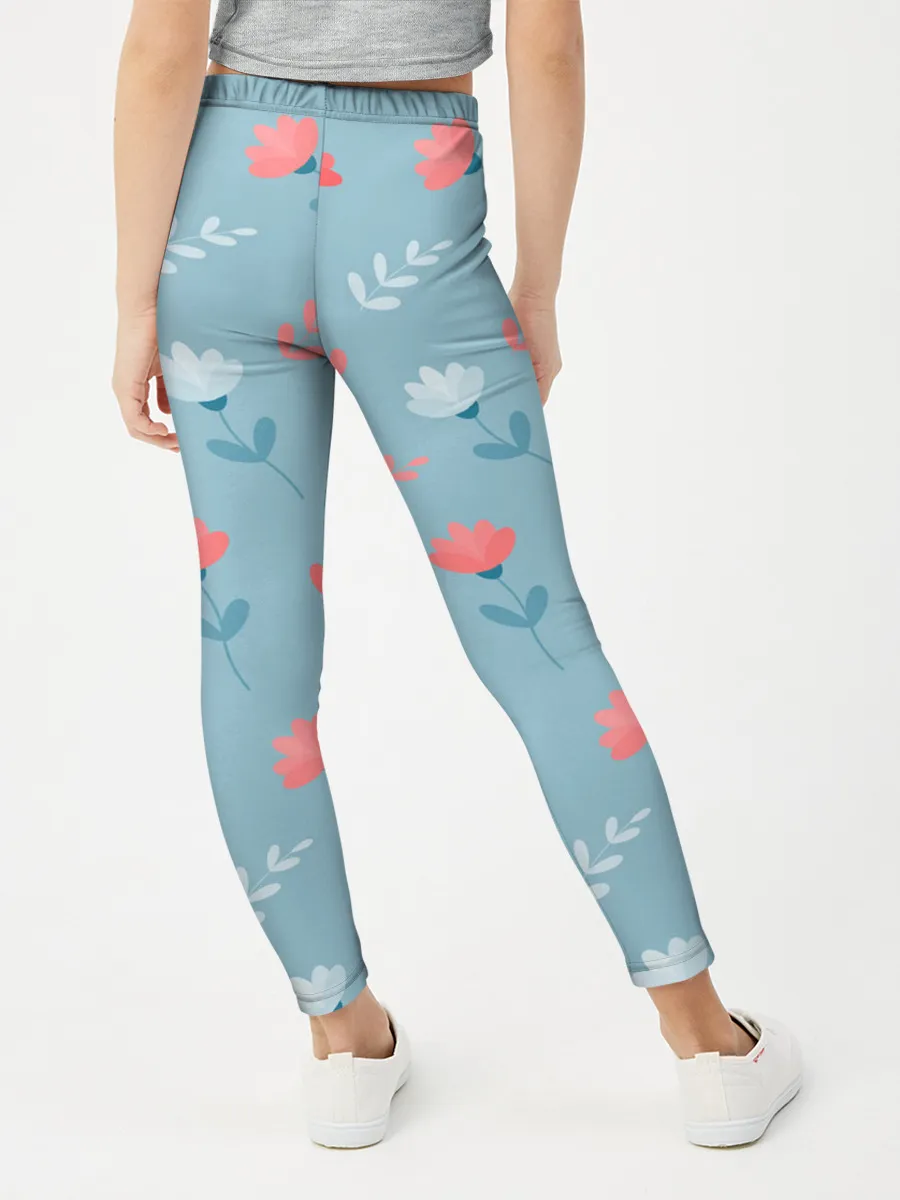 Леггинсы для девочки / Цветочки и листики на голубом
