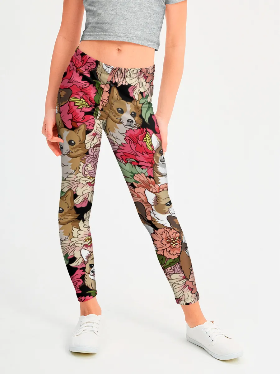 Леггинсы для девочки / Корги & Цветы