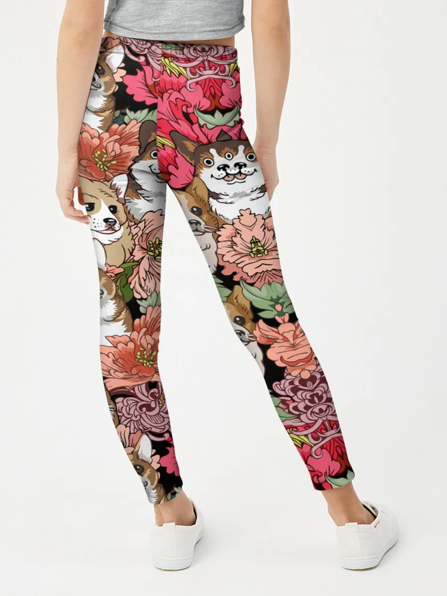 Леггинсы для девочки / Корги & Цветы