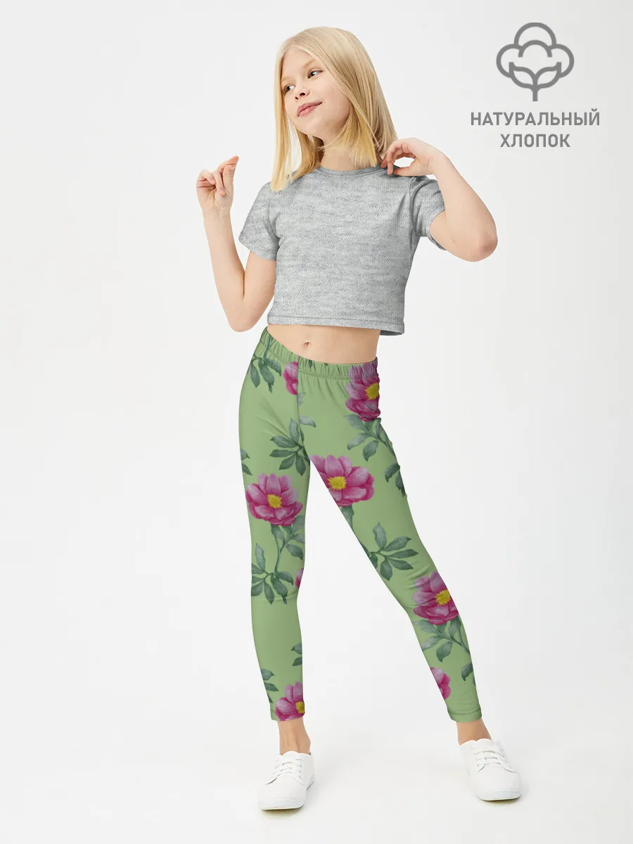 Леггинсы для девочки / Пионы на светло зеленом фоне