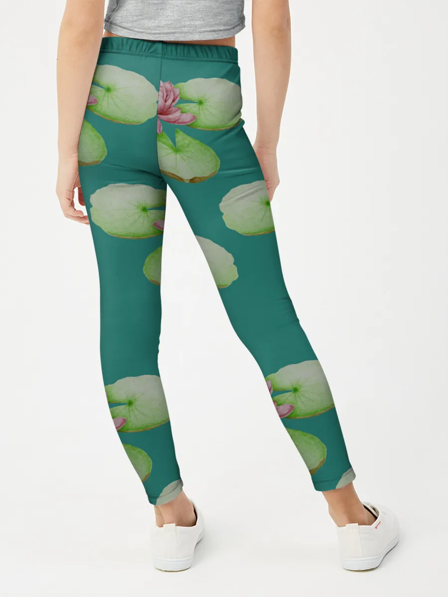 Леггинсы для девочки / Лотосы на темно бирюзовом фоне
